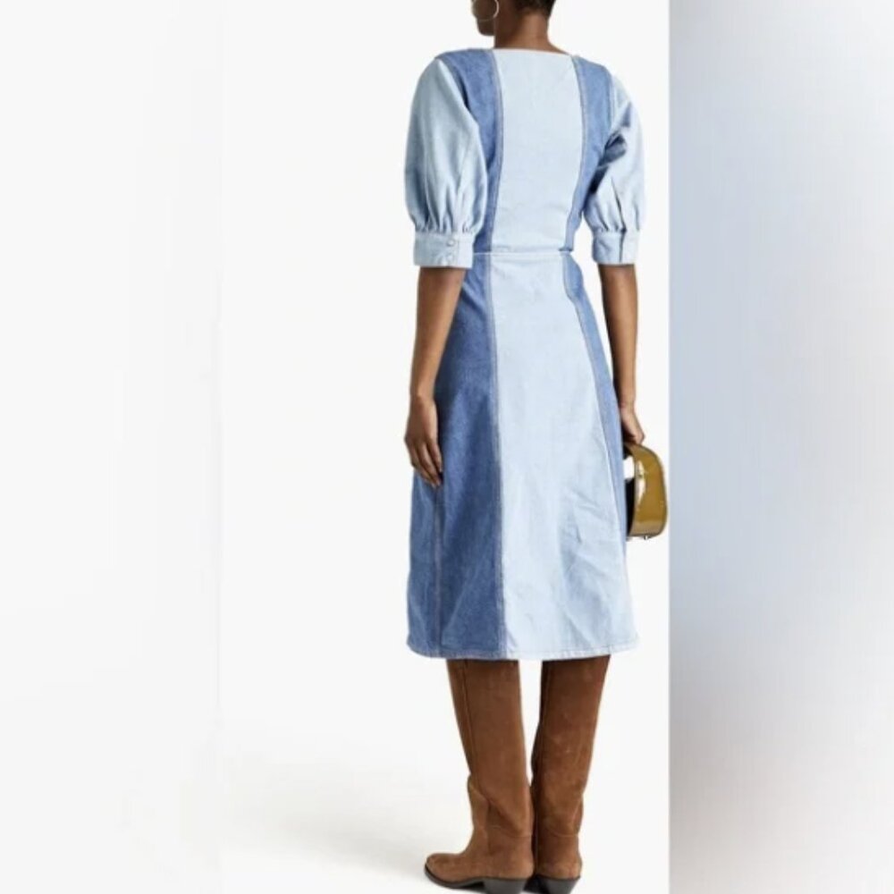 GANNI Cutline Bleach Two-Tone Blue Denim Organic Cotton Midi Dress EU 38 US6 - Picture 4 of 16